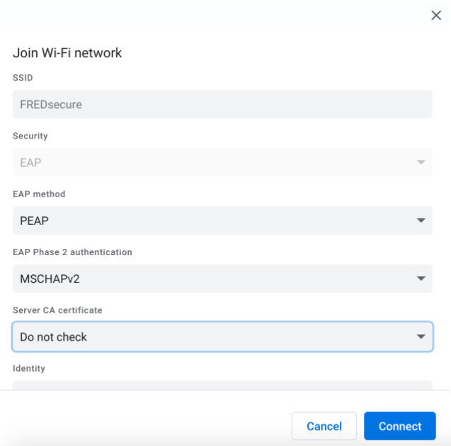 The typical view of the Join Wi-Fi network menu on a Chromebook