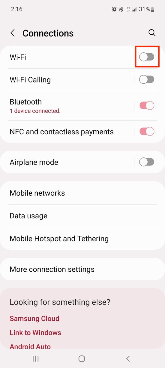 The Connections menu on an Android device