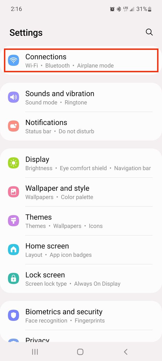 The Settings menu on an Android device
