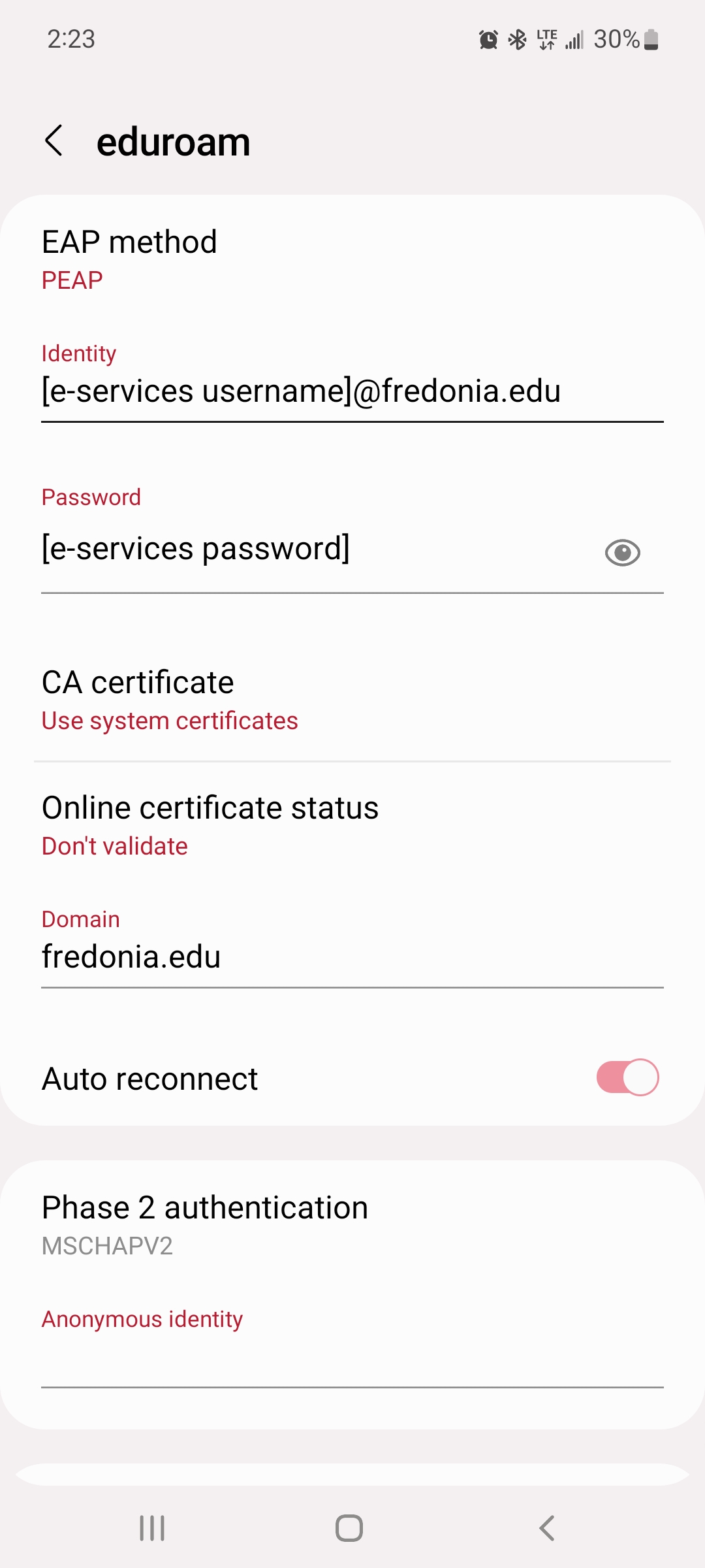 The eduroam network settings menu on an Android device