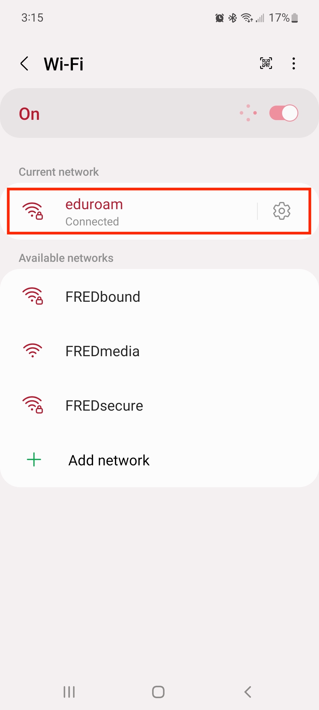 The Wi-Fi menu on an Android device showing eduroam as the connected network