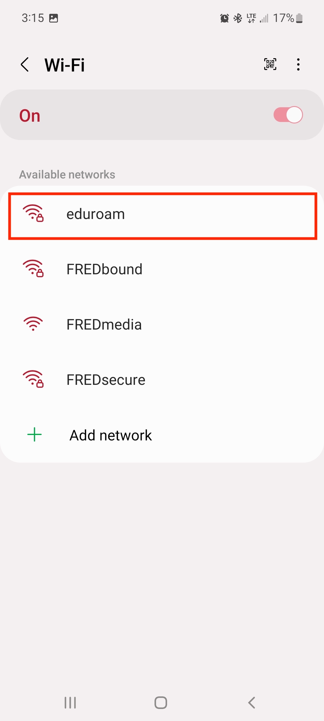 The Wi-Fi menu on an Android device