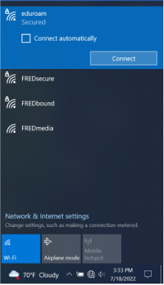 A typical view of the available wireless networks menu on a Windows 8 or 10 device