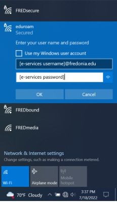 A typical view of the wireless network authentication menu on a Windows 8 or 10 device