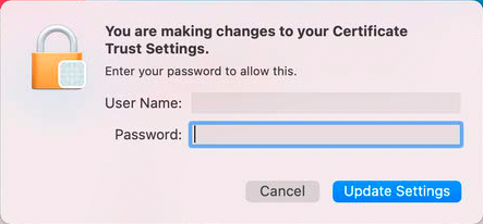 The Certificate Trust Settings authentication popup window on a Mac OS device