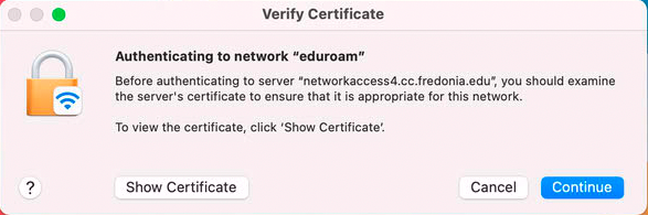 The Verify Certificate popup window on a Mac OS device