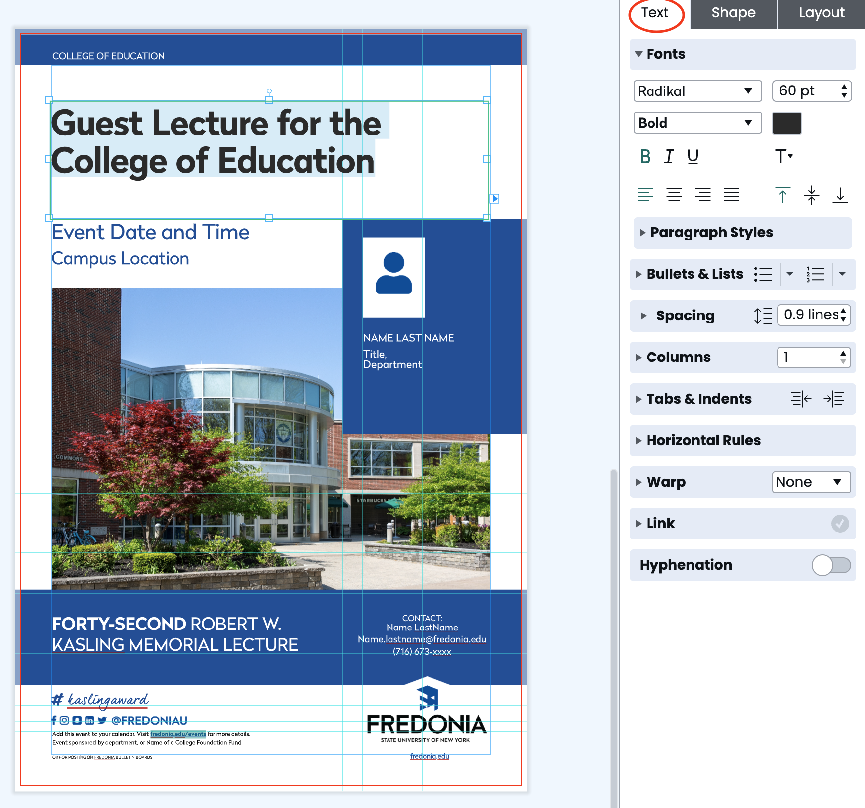 Screenshot of document template highlighting the text editing menu