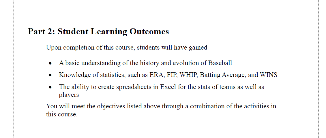 Example of a course syllabus' Student Learning Outcomes