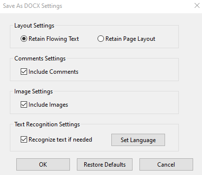 The Save As DOCX Settings with all sections checked. Retain Page Layout is not checked.