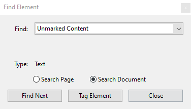 Find Element box, Find Unmarked Content in selected, click Next.