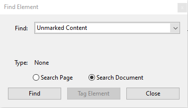 Find Element box, Find is set to unmarked content, and search document is selected.