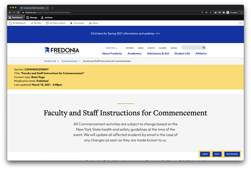 A Fredonia web page when you are logged into Drupal.
