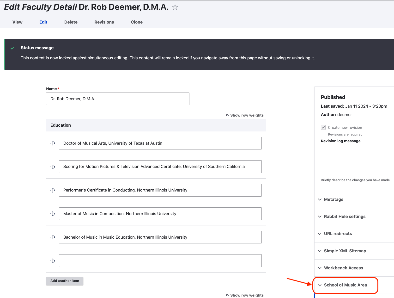 Example to edit Faculty Detail page for Dr. Rob Deemer.