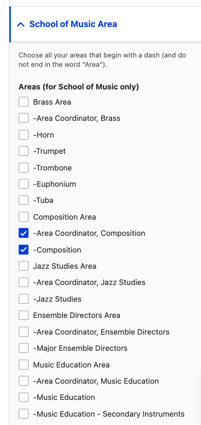 School of Music Areas for Faculty Detail pages.