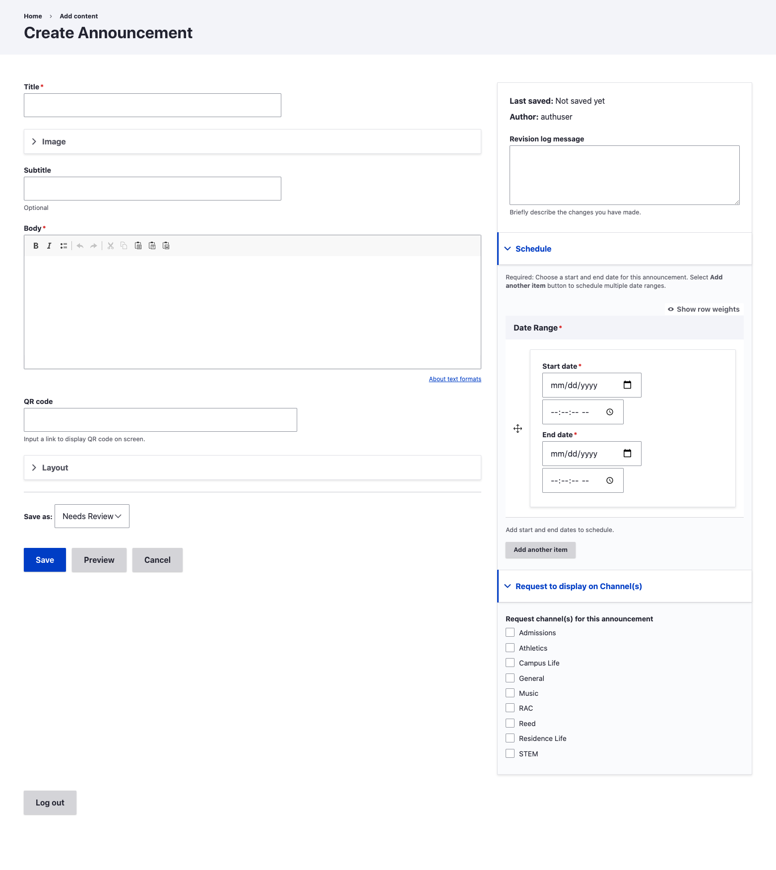 Example of BLUEview Announcement form