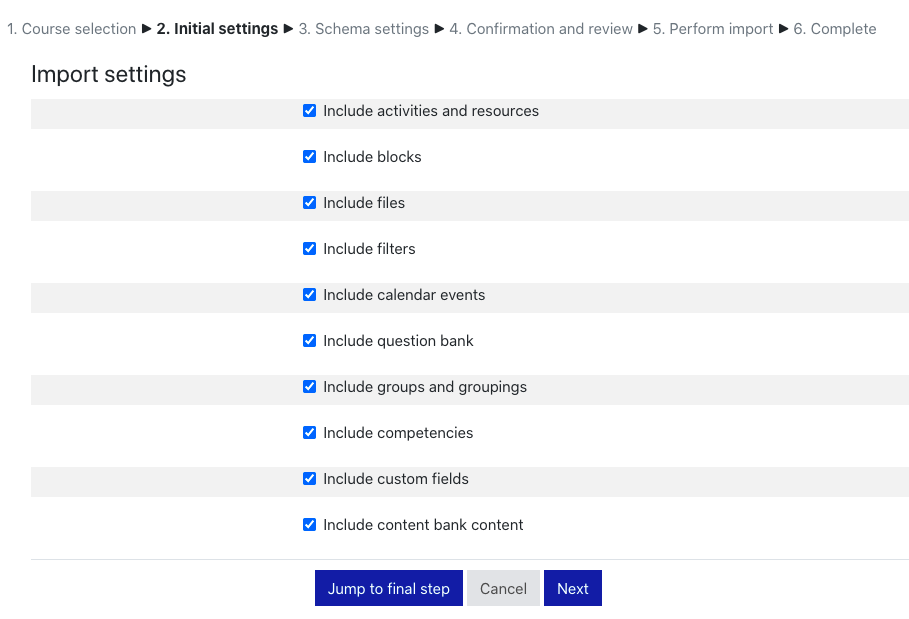 Import settings screen when performing a course import