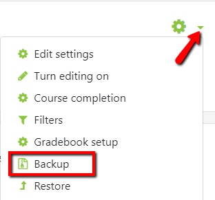Locate the green gear icon on the upper right hand side of the page. From the drop-down menu, click the Backup link