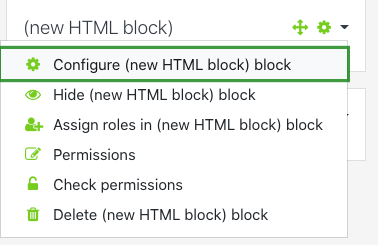 New HTML Block menu with Configure (new HTML block) block highlighted
