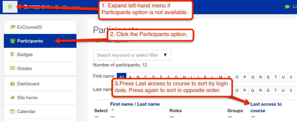 Arrow indicating left menu expansion, Participant button, and Last Access link