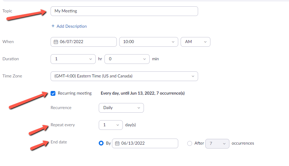 configuring meeting settings screen. Give your meeting a title, and choose Recurring meeting. Choose how often to repeat the meeting and an end date for the meetings.