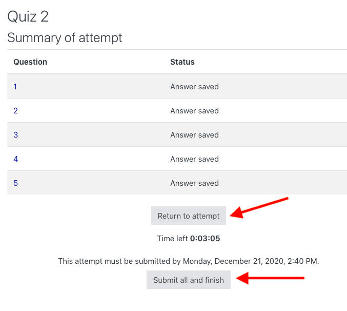 Users can view their summary of attempt. Users have the option to return to their attempt, if they have time remaining on the timer. If a user if ready to submit, they should press the submit all and finish button.