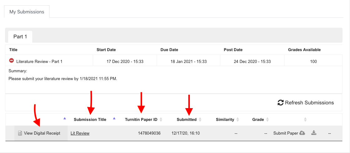 In the Turnitin dropbox users see their digital receipt, submission title, Turnitin paper ID and the date and time they submitted 