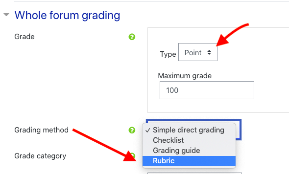 Whole Forum Grading menu in OnCourse. Select points for grade type and rubric for grading method.